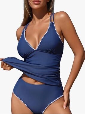 Zaful Navy Blue Tankini Set with White Trim